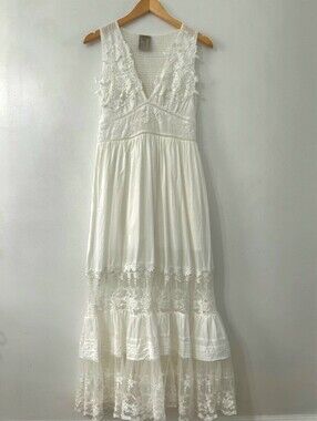White Lace Bohemian Maxi Dress Tiered Smocked Empire Waist Embroidered Bridal